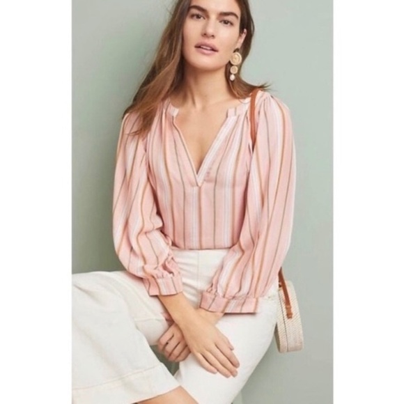 NWT!! Anthropologie Brenda Peasant Top Blouse Pink Stripes Retro Pullover Medium - Picture 1 of 15